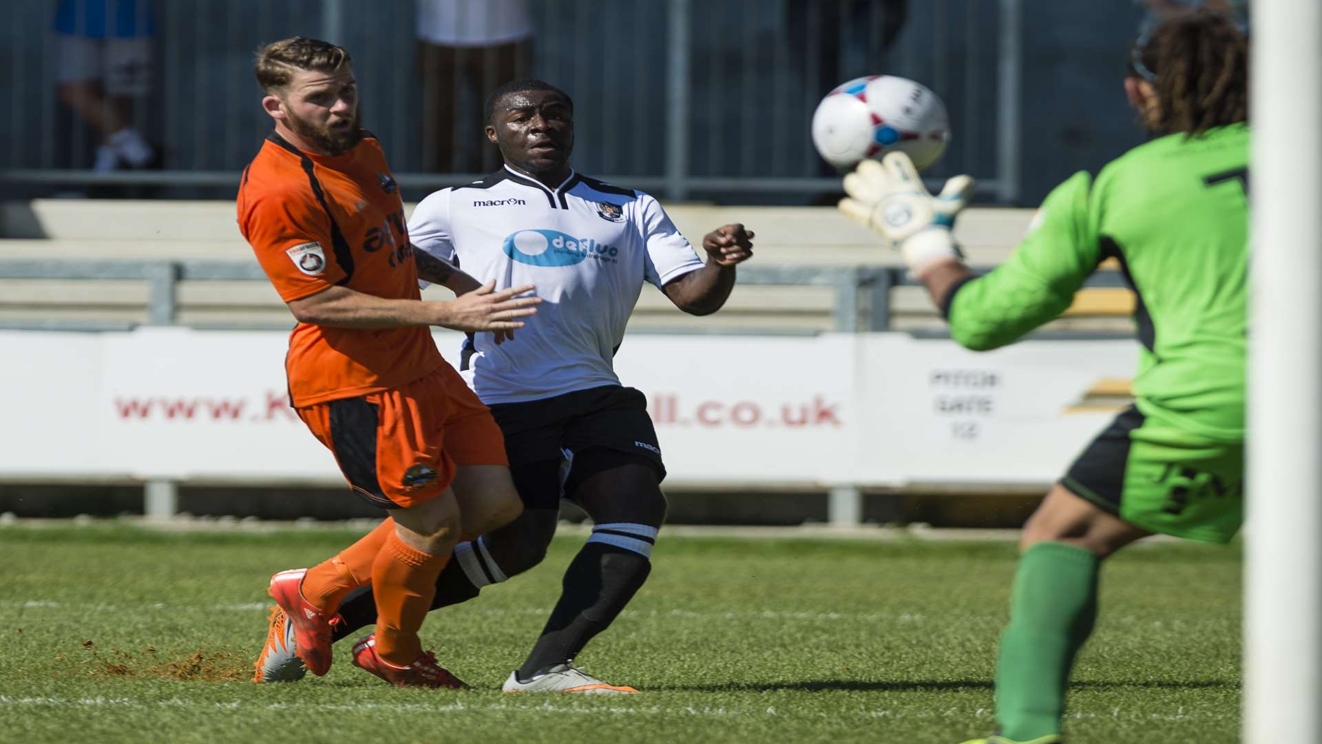 On-loan left-back Mark Onyemah gets a shot away for Dartford Picture: Andy Payton