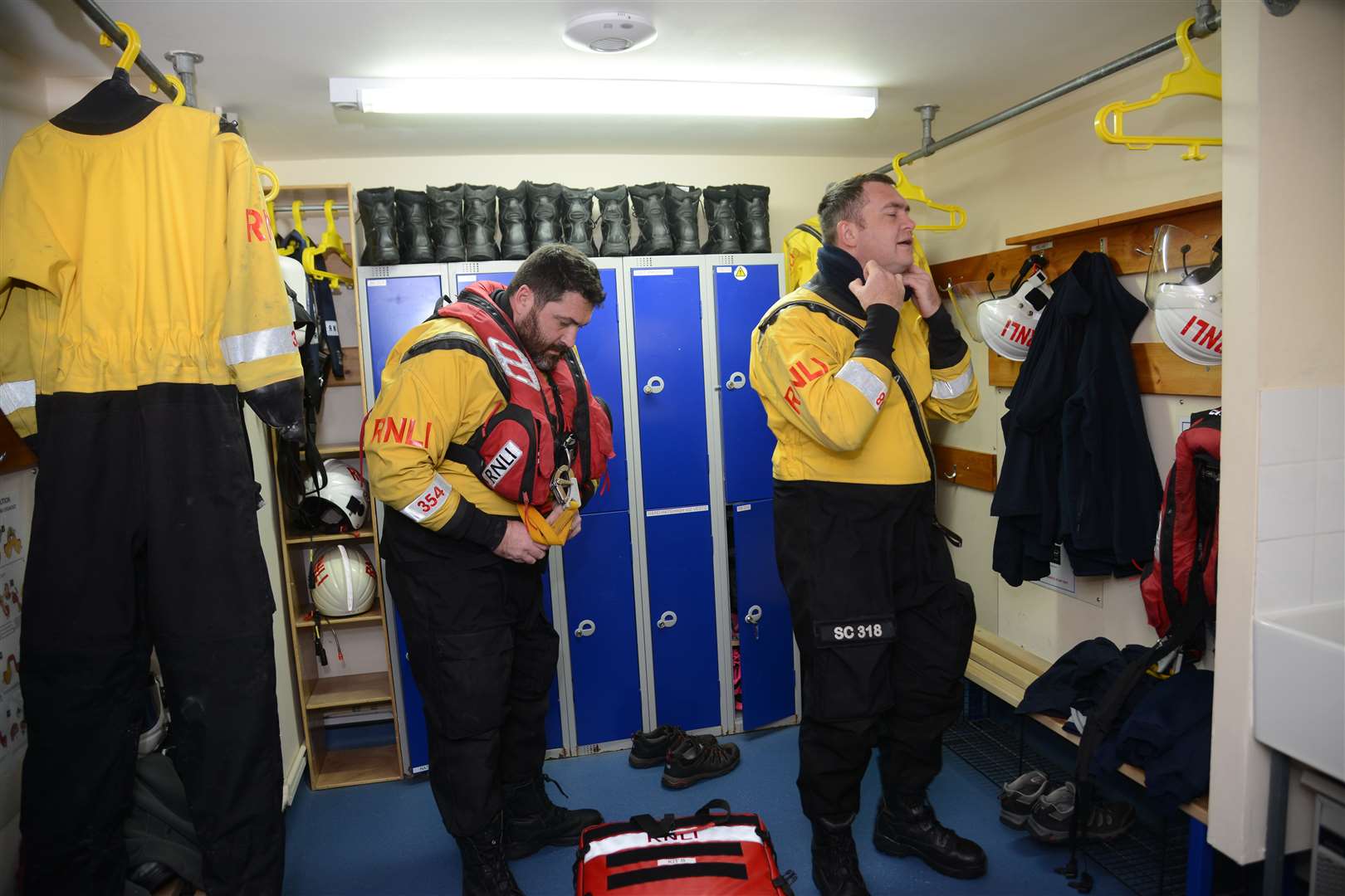 Volunteer crew members Alan Carr and Stewart Challis getting kitted out