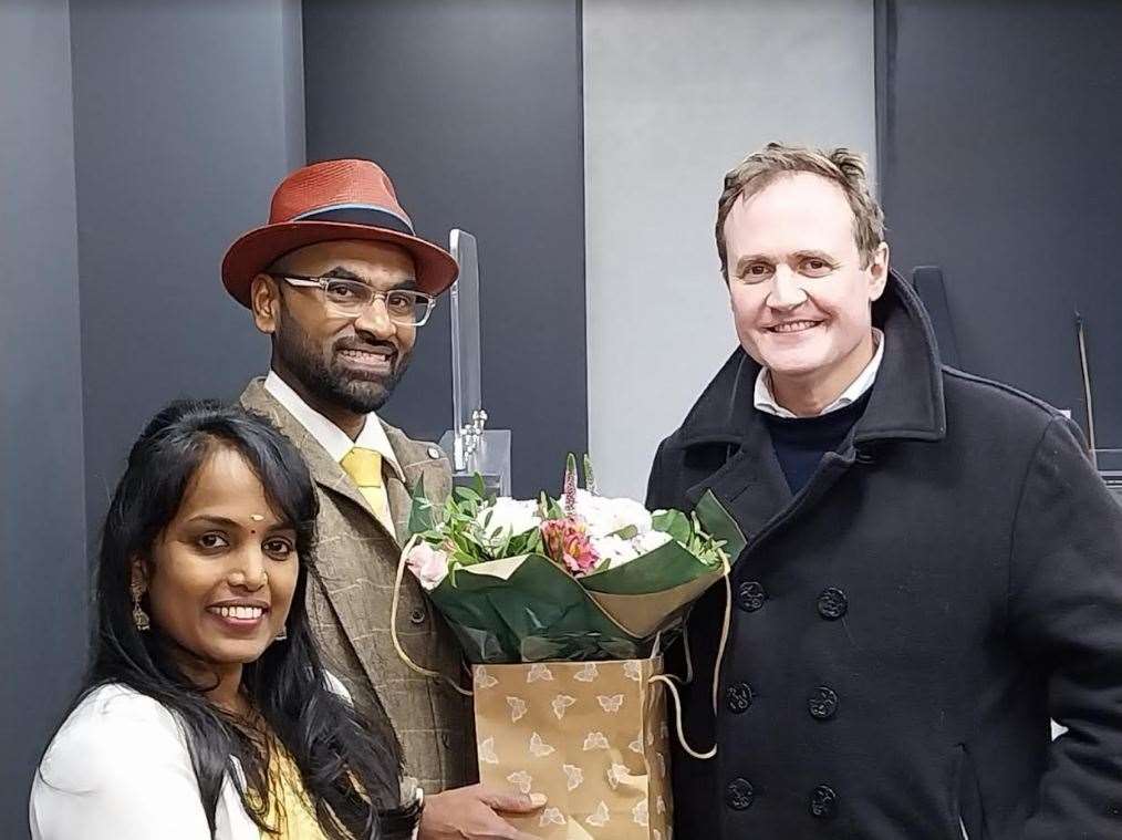 Malar Rajamanikkam and Mahen Rasalingam with Tom Tugendhat at the opening ceremony
