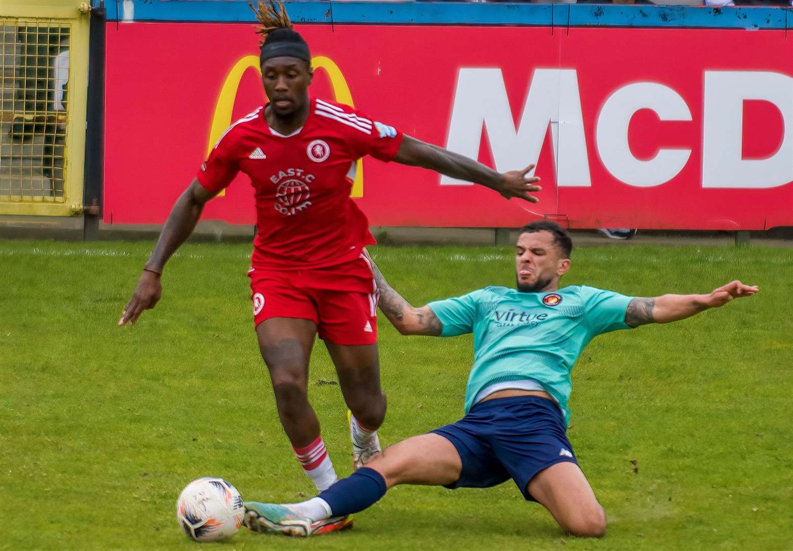 Welling’s Ade Azeez is challenged during Saturday’s win over National League South champions Ebbsfleet. Picture: Ed Miller