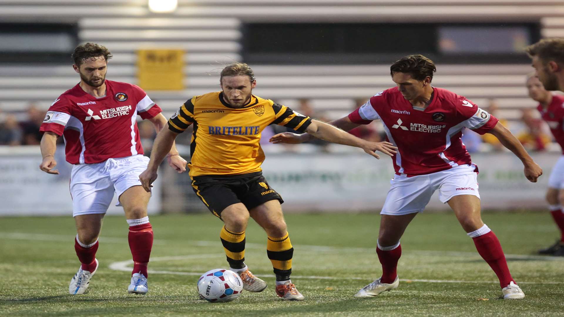 Matt Bodkin takes on Dean Rance and Joe Howe during Ebbsfleet's win at Maidstone in August Picture: Martin Apps