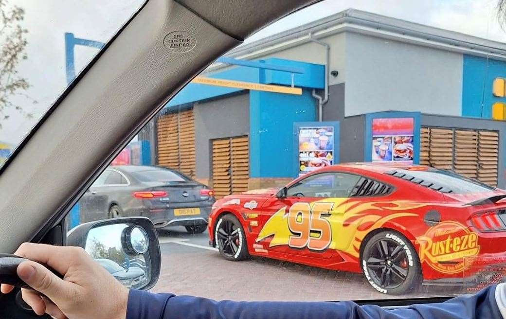 A Lightning McQueen-inspired Ford Mustang was spotted by onlookers outside Greggs in Sittingbourne this morning Picture: Patrycja Kowalska