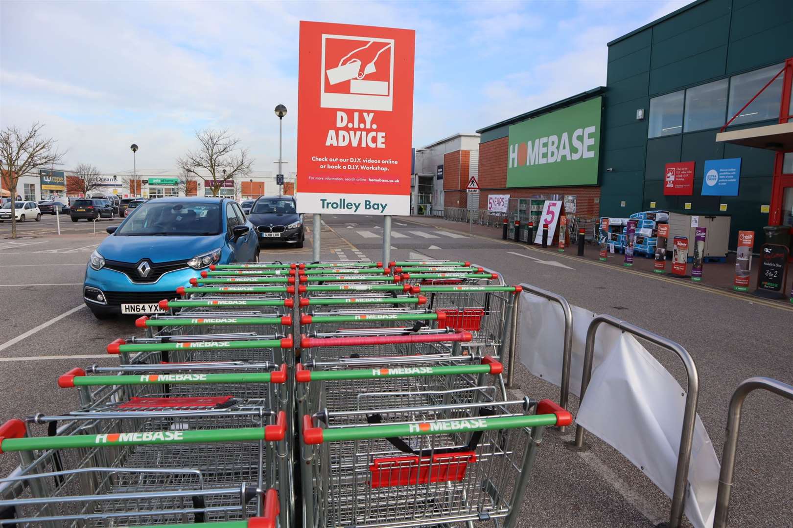 Unused shopping trolleys outside Homebase on the first day of the second national coronavirus lockdown in Sittingbourne on Thursday