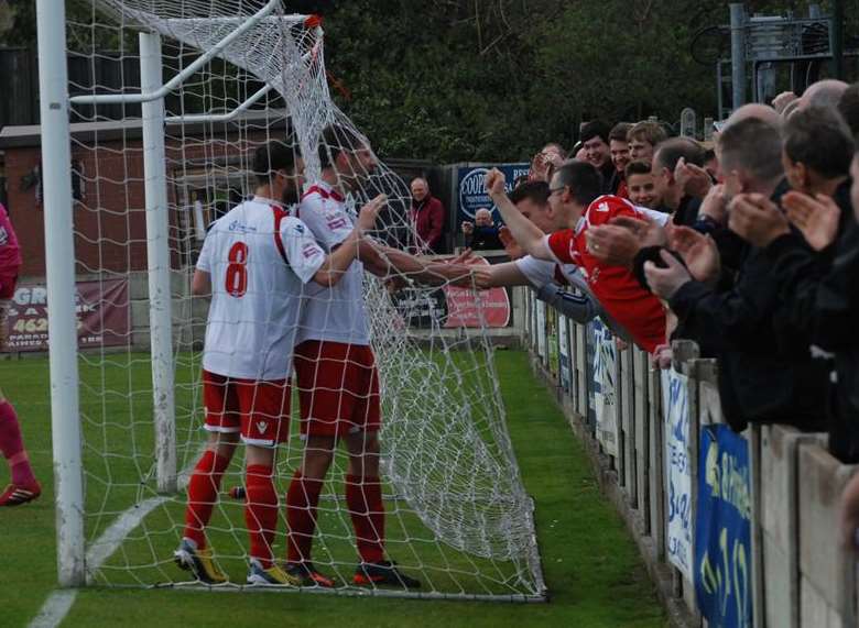 Dean Rance and Ben May celebrate with the Ebbsfleet fans Picture: Paul Jarvis
