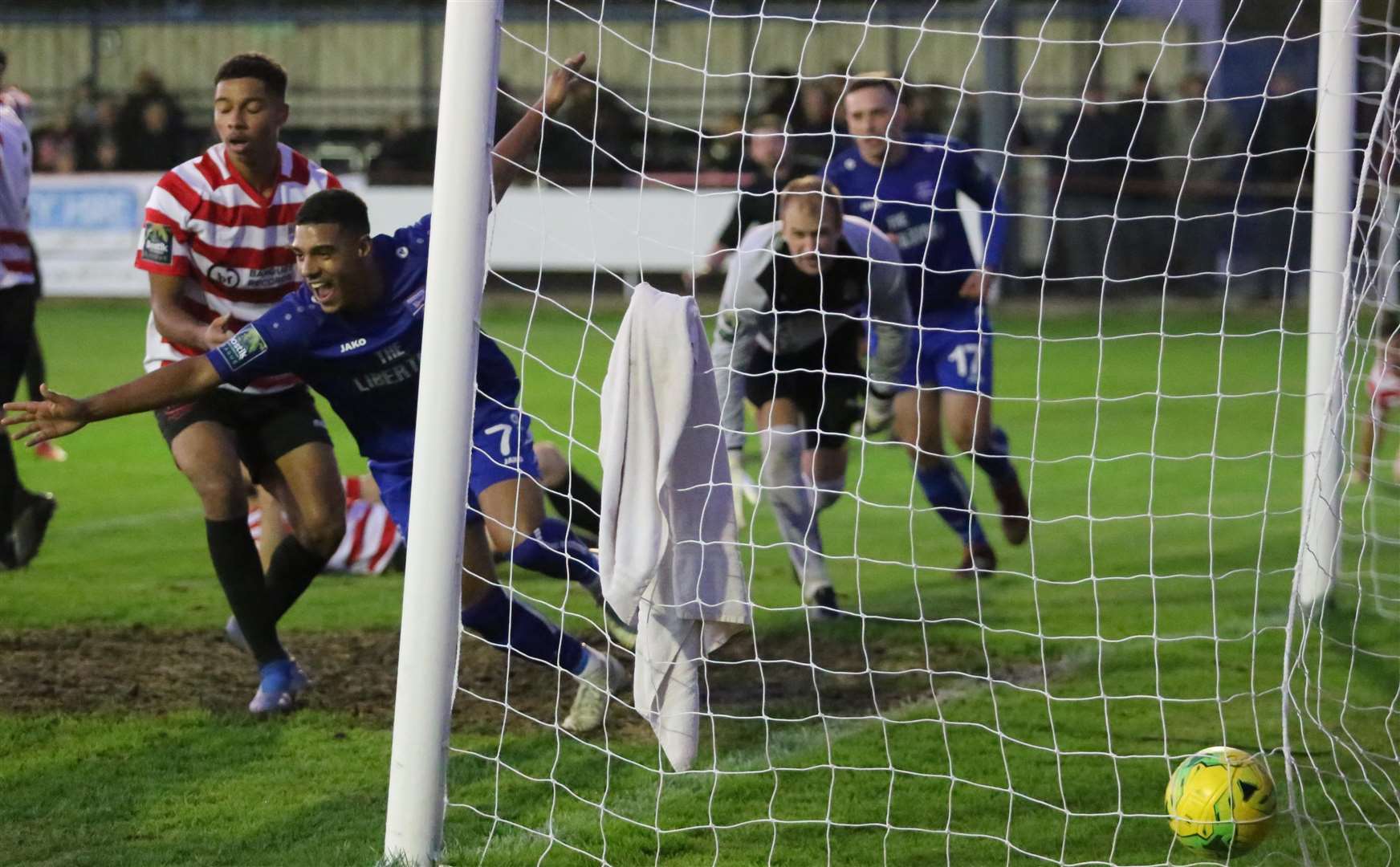 Margate's George Brown wheels away after scoring the equaliser at Kingstonian on Saturday Picture: Don Walker