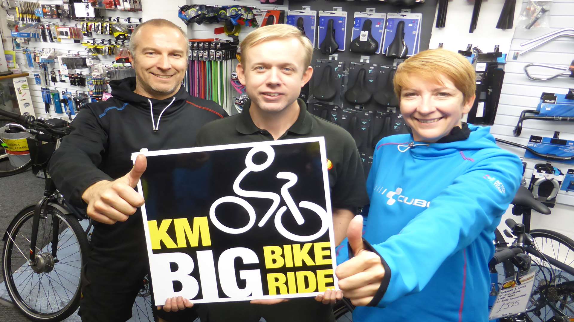 Andy Croucher, Martin Hayes, and Michele Newing from Locks of Sandwich Cycles are supporting the KM Big Bike Ride 2018.