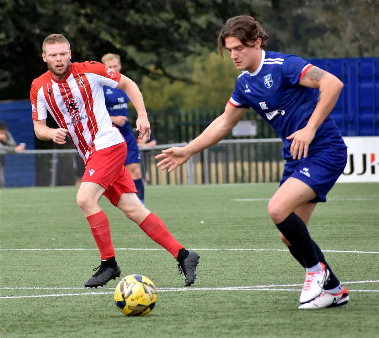 Margate defender Harry Hudson on the ball as Scott Heard watches on. Picture: Randolph File
