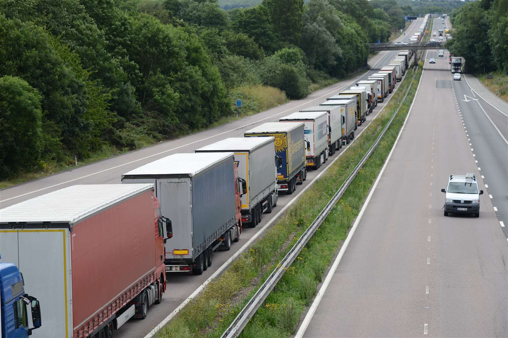 Lorries queing coast bound between junction 9 and junction 10 in Ashford during Operation Stack