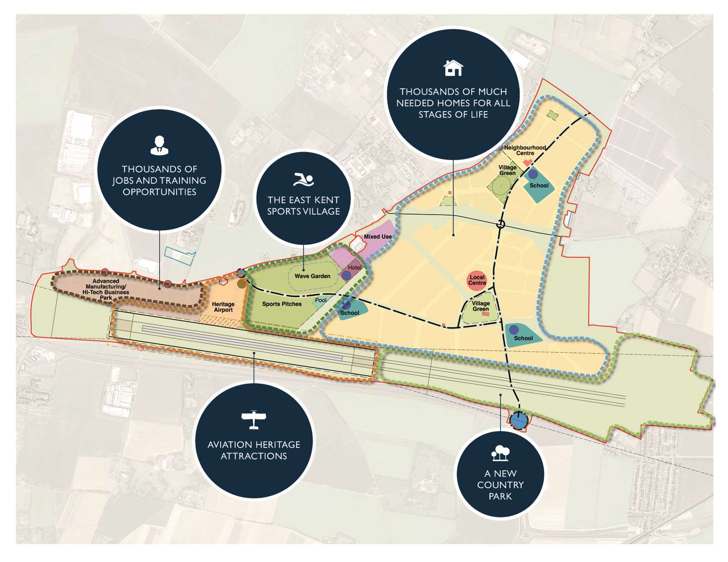 The latest masterplan for the former Manston airport site, known as Stone Hill Park, including part of the runway being kept for vintage aviation