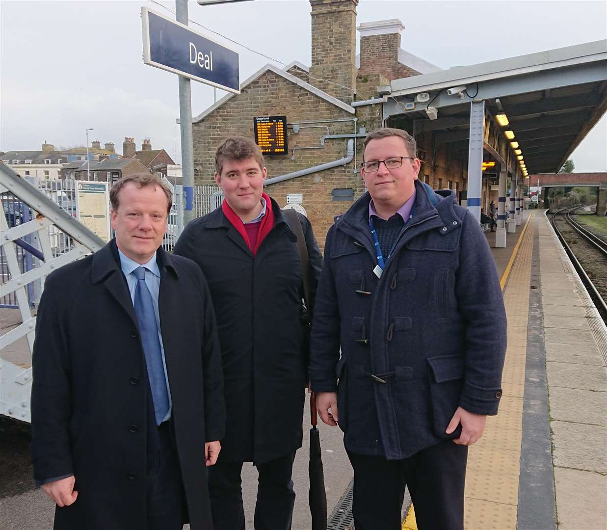 MP Charlie Elphicke with Southeastern's Chris Vinson and Deal station manager Kyle Miller