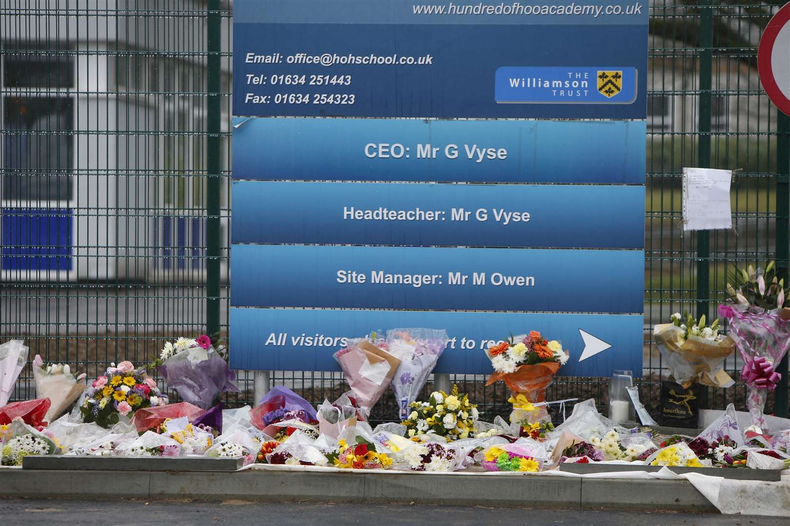 Floral tributes left at Hundred of Hoo Academy following the death of Gary Vyse