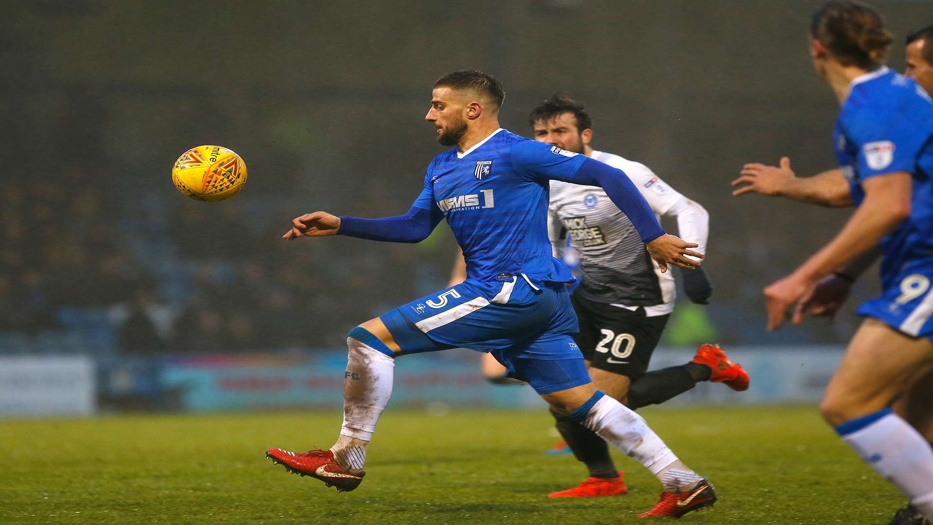 Gillingham defender Max Ehmer shapes up to fire in the equaliser. Picture: Andy Jones