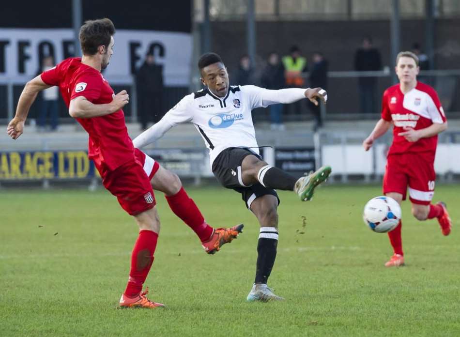Ebou Adams lets fly with a shot for Dartford Picture: Andy Payton