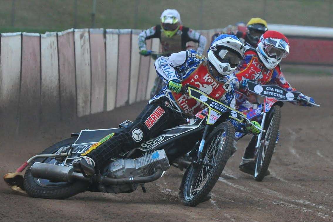 Benji Compton (blue helmet) and David Mason (red helmet) in action for Kent Kings against Buxton Hitmen Picture: Elizabeth Leslie