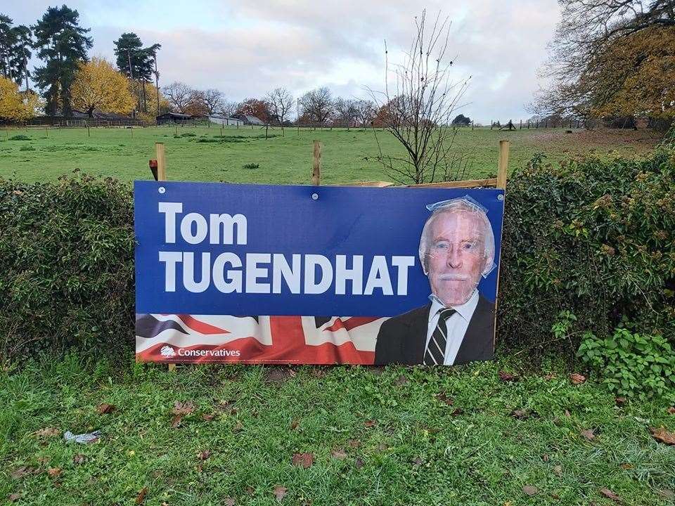 Tom Tugendhat's banner had a Brucey bonus yesterday. Picture: Andrew Johnson