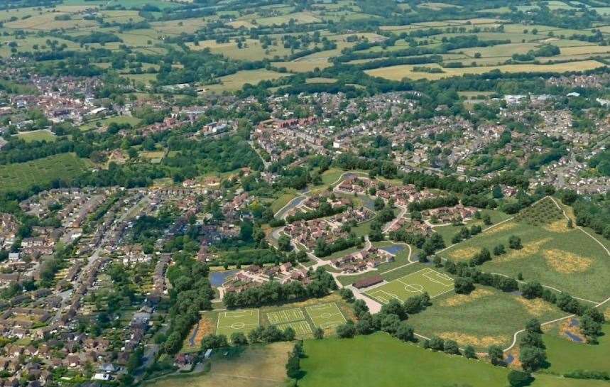 This aerial CGI shows the proposed Wates development in context with the rest of Tenterden