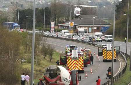 The air ambulance taking off from the scene. Picture: Mike Mahoney