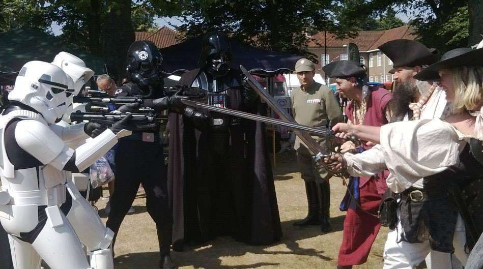 There could be a clash similar to this one when the Sheppey Pirates meet costumed super heroes at at the Sheppey Takeover event at Barton's Point this weekend