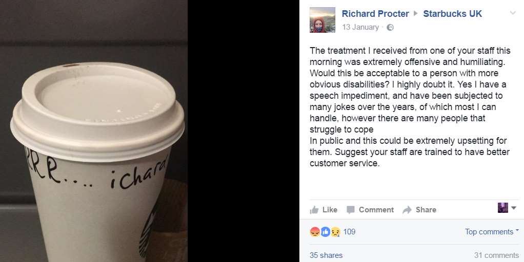 Mr Procter posted his complaint on the Starbucks Facebook page.