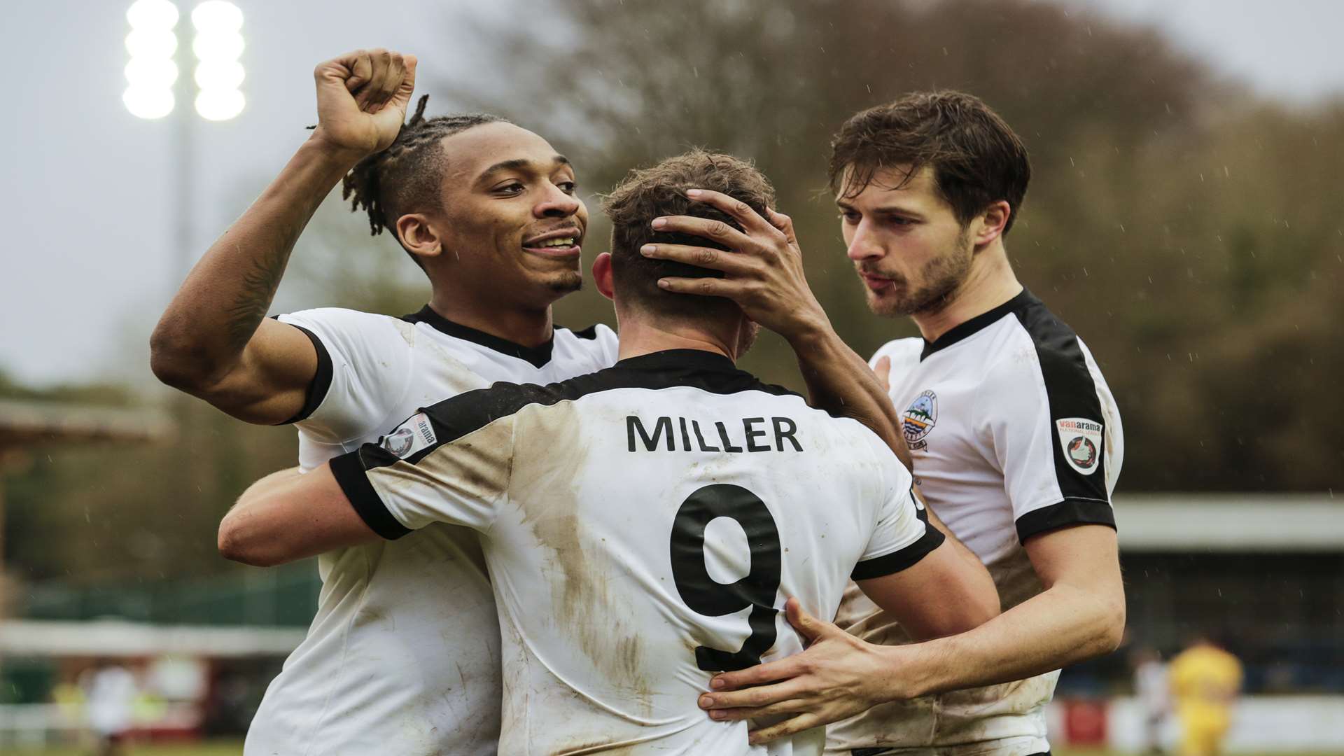 Ricky Miller celebrates with Aswad Thomas (left) and Joe Healy against Chester. Picture: Martin Apps.