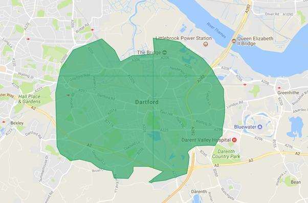A map showing the area where Uber Eats will deliver in Dartford