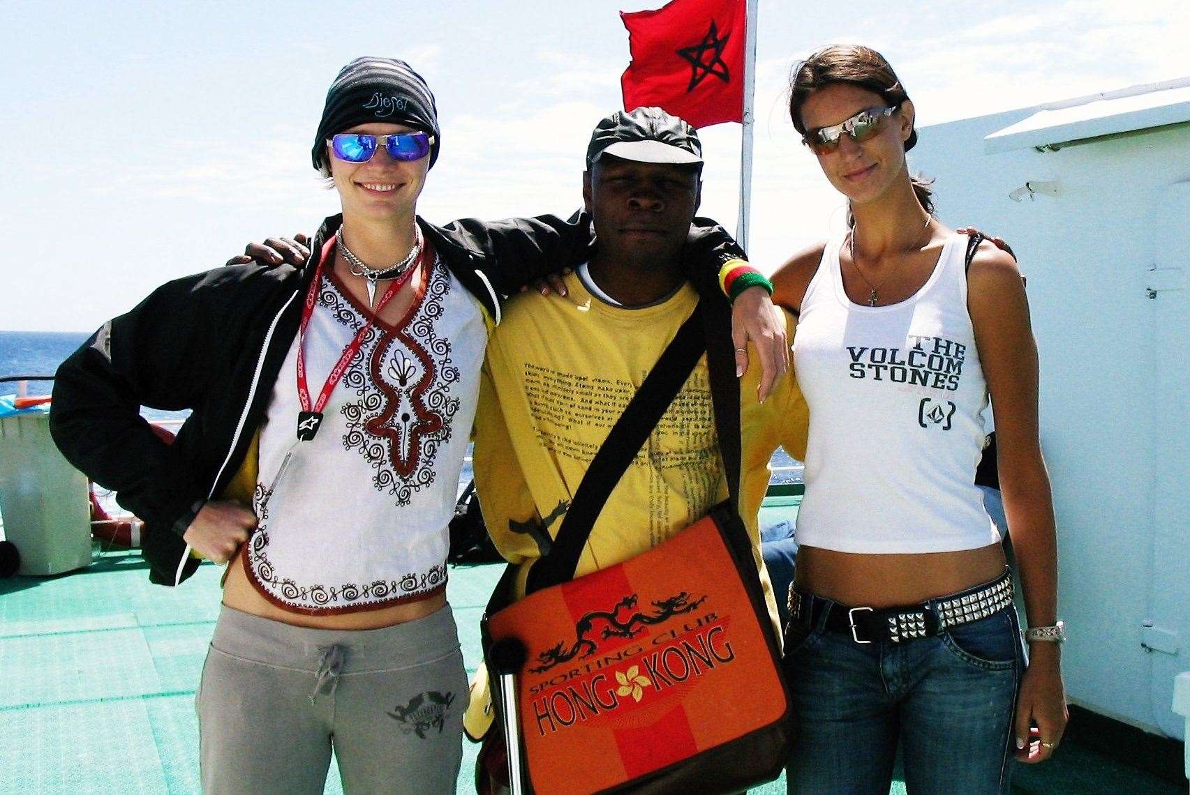 Jodie Kidd, Chris Eubank and Emma Scott on the ferry to Morocco in 2004