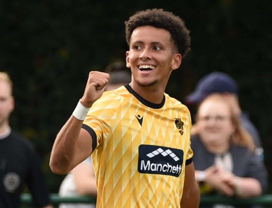 Maidstone forward Sol Wanjau-Smith celebrates his hat-trick goal at Steyning. Picture: Steve Terrell