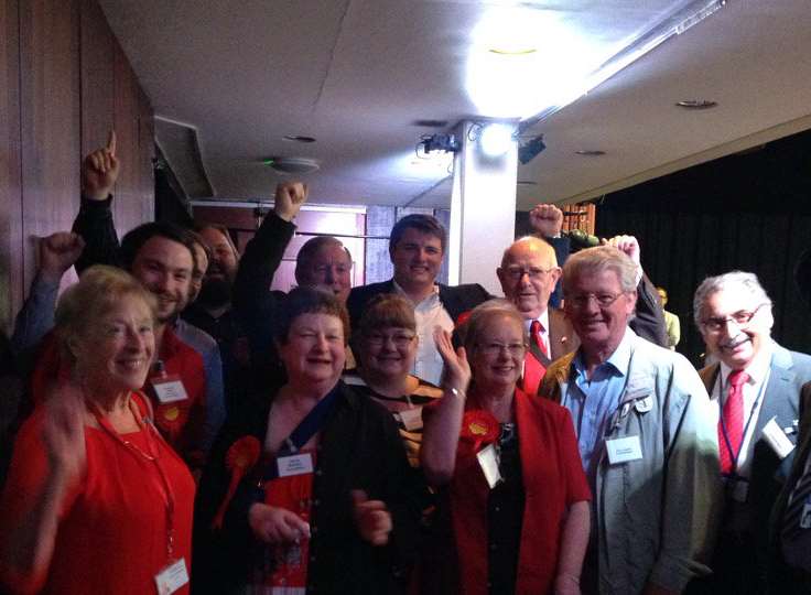 Cllr Jenny Wallace celebrating her win with fellow Labour councillors and supporters.