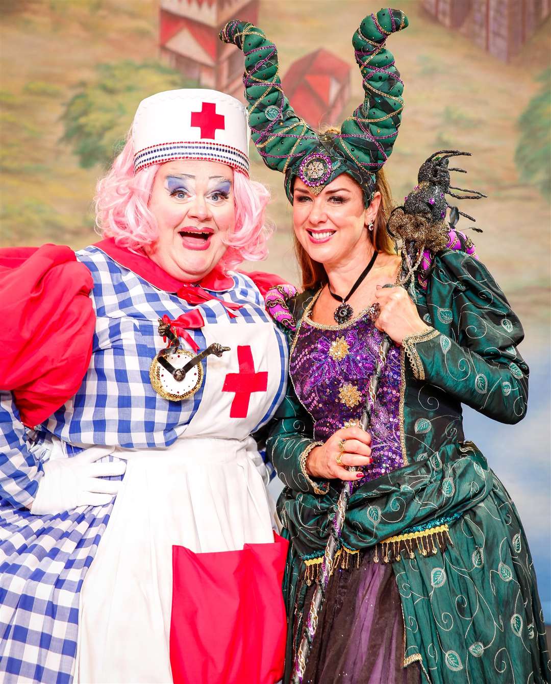 Sleeping Beauty at The Assembly Hall, Tunbridge Wells. Photocall. Claire Sweeney playing the Evil Fairy, and Quinn Patrick playing Nanny. Picture: Matthew Walker