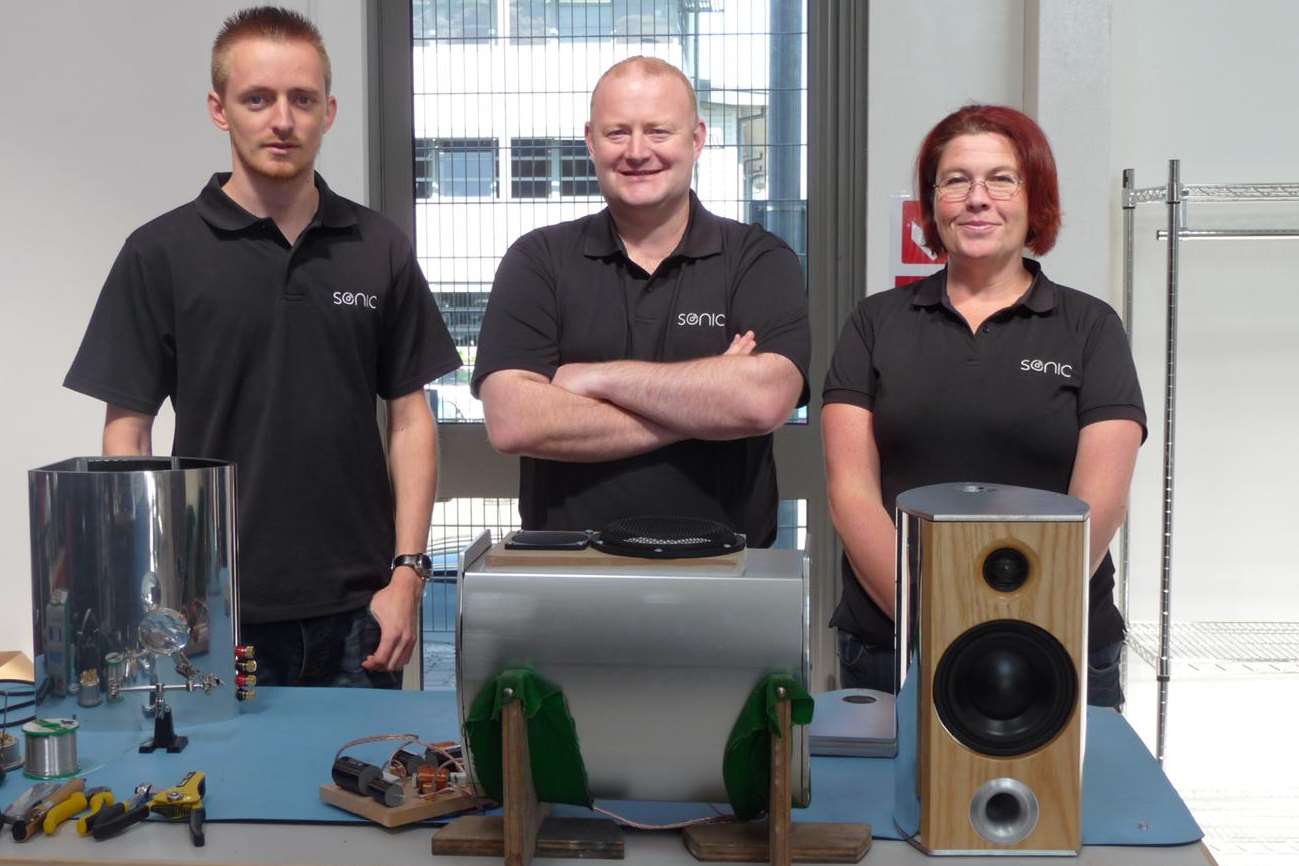 From left, acoustic engineer Chris Wells, managing director Darren Hollands and administration manager Beth Marshall with some of the products being developed at Sonic Concept's base in Manston Business Park