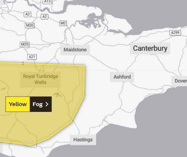 Fog alert for Tunbridge Wells. Map: Met Office