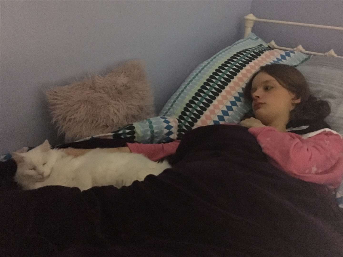 Oxford University hopeful Hannah Bullard with cat Bella who keeps her company on bad days