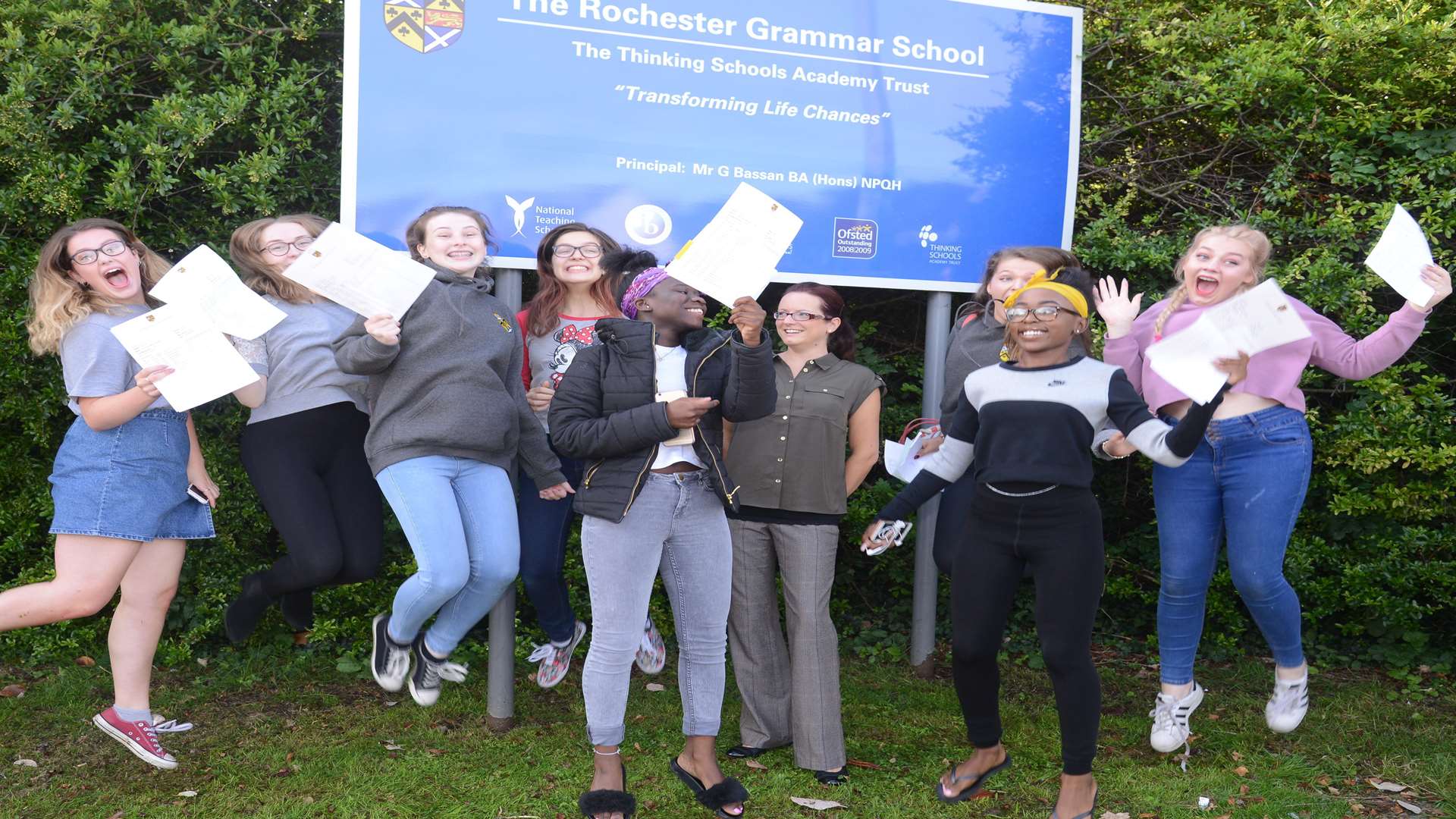Head of School Clare Brinklow celebrates with youngsters at Rochester Grammar School