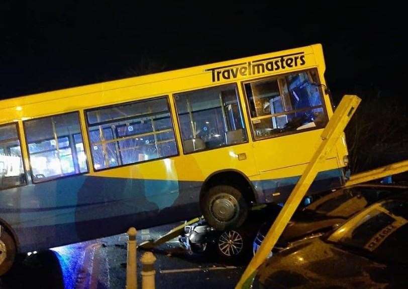 The bus is having to be repaired after it crashed at Lingfield Railway Station in Surrey. Picture: UK News in Pictures