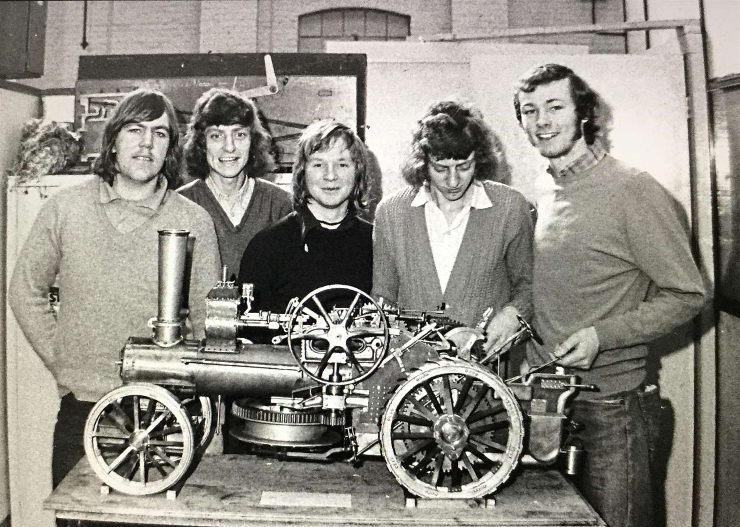 THEN - Steve Goldup, Colin Rich, Anthony Jenkins, Terry Watson and David Jenkins, who created the model engine when they were apprentices at the former Ashford railway works in the 1970s (1291507)