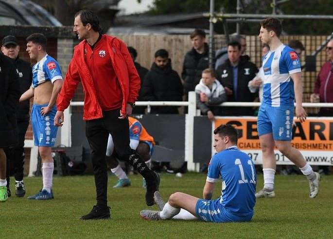 Manager Jack Midson at the final whistle as Sheppey narrowly miss out on the play-offs Picture: Marc Richards