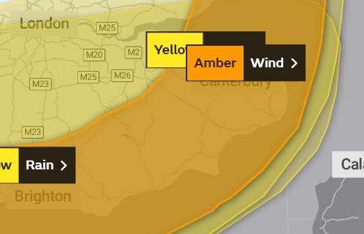 An amber weather warning for wind has been issued across coastal areas of Kent. Picture: The Met Office