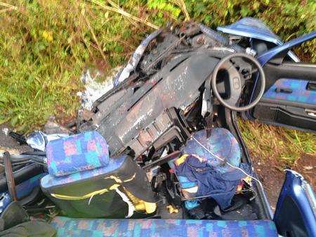 Very little left of Lewis's car after the horrific crash. Picture: Kent Fire and Rescue Service