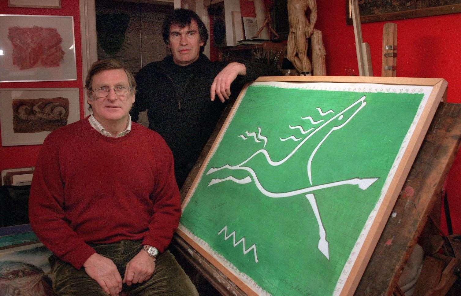 Landowner Richard Beaugie and artist Charles Newington with the horse design in December 2001