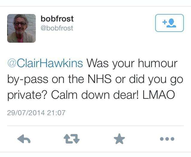 Cllr Bob Frost tells Labour parliamentary candidate Clair Hawkins to "calm down dear."