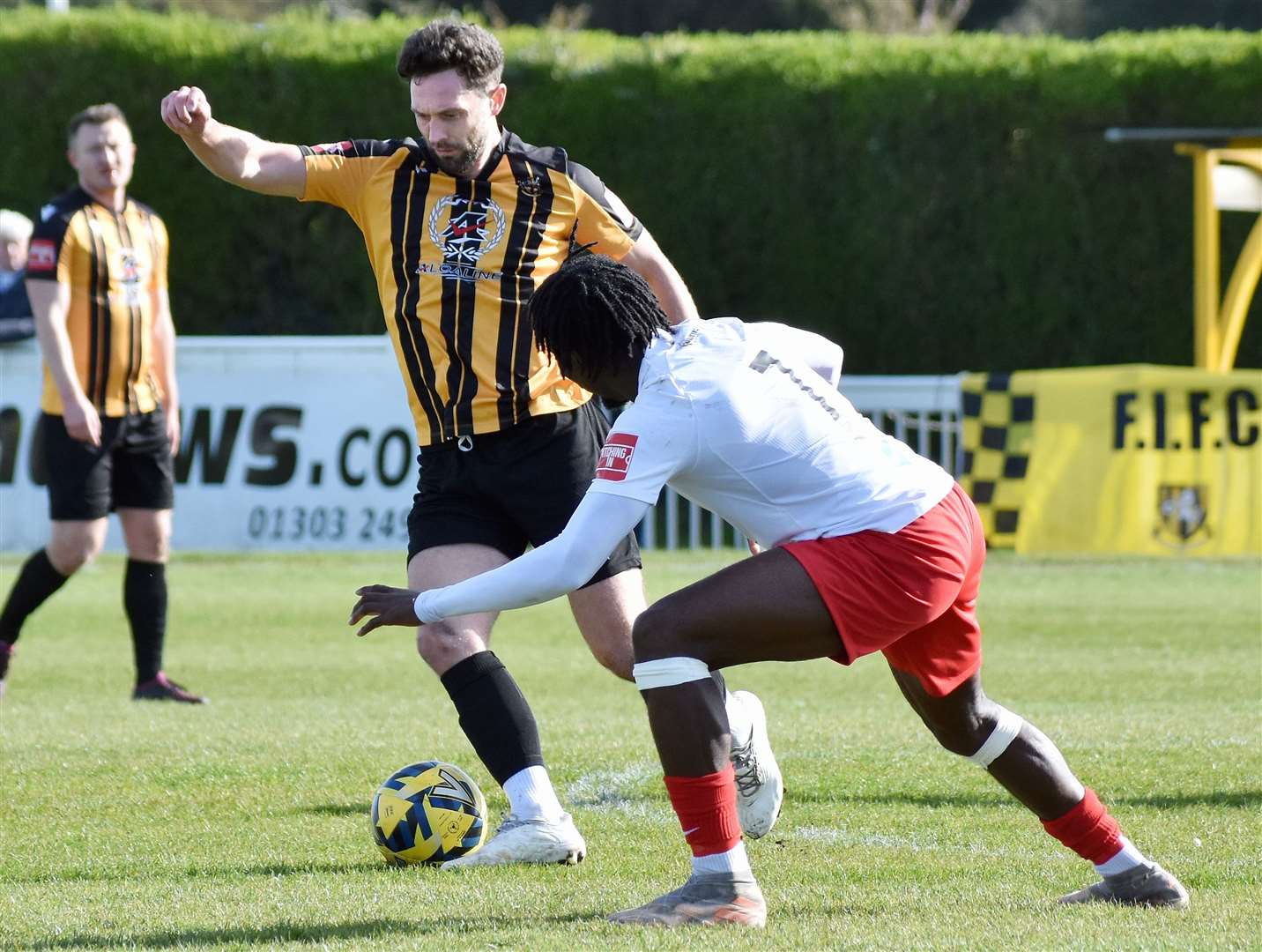 Folkestone's Dean Rance, pictured in possession against Lewes, played alongside boss Andy Drury at Ebbsfleet. Picture: Randolph File