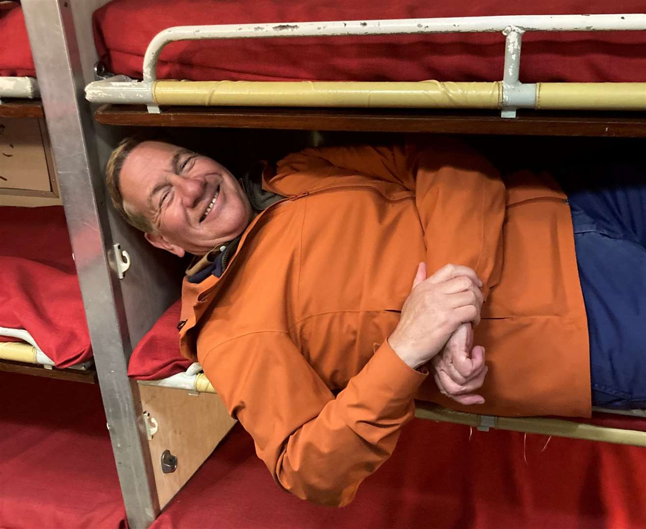 The presenter tried to squeeze into a HMS Ocelot submarine bunkbed at The Historic Dockyard Chatham. Picture: BBC/Naked West/Fremantle