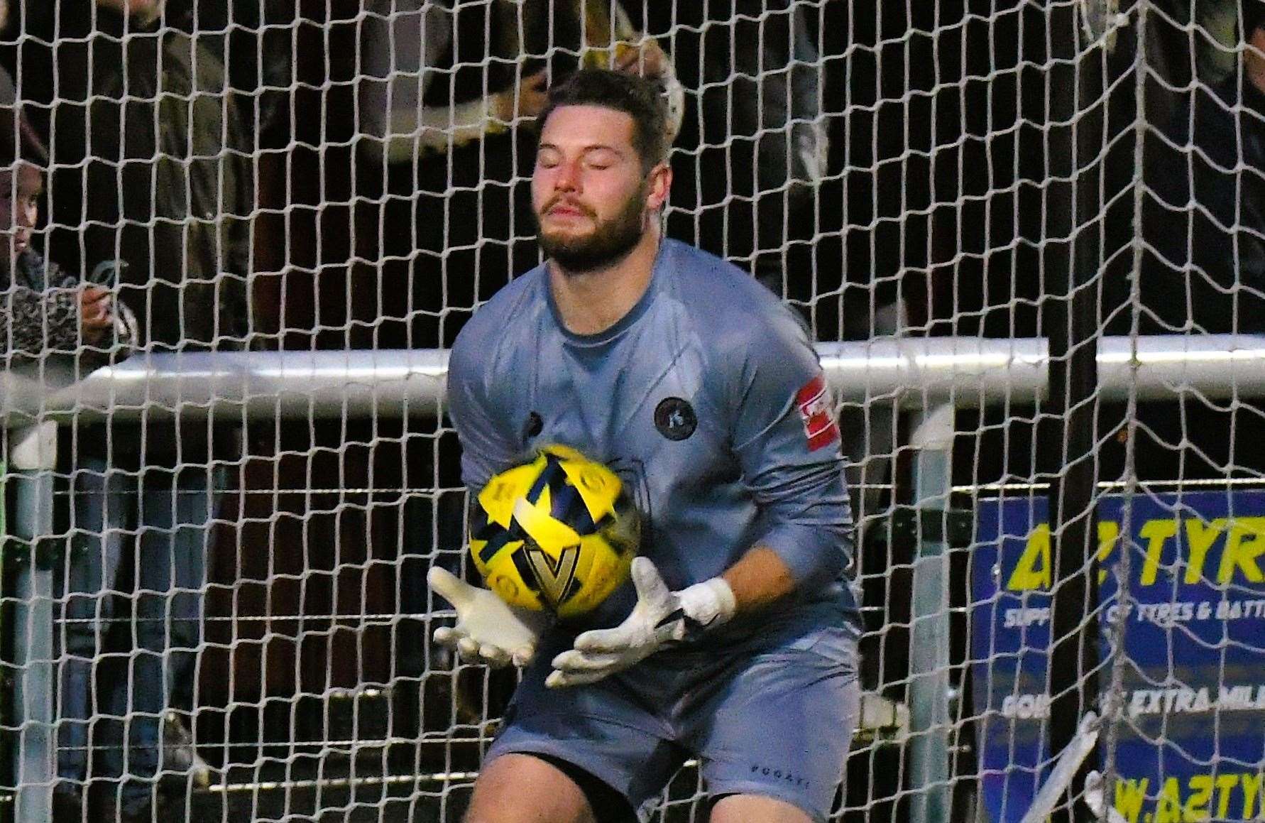 Herne Bay keeper Harry Brooks - battled through the pain barrier after sustaining an injury in the warm-up ahead of their season-ending weekend 3-3 draw with Chichester. Picture: Marc Richards