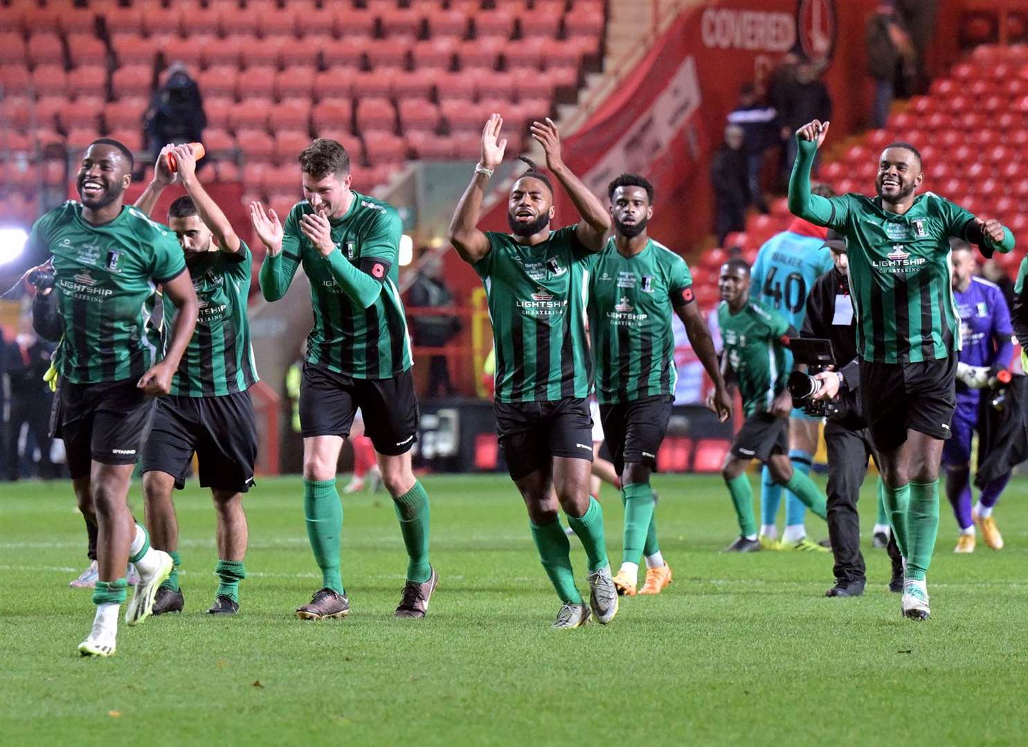 Cray Valley celebrate their 1-1 draw at Charlton on Sunday. Picture: Keith Gillard