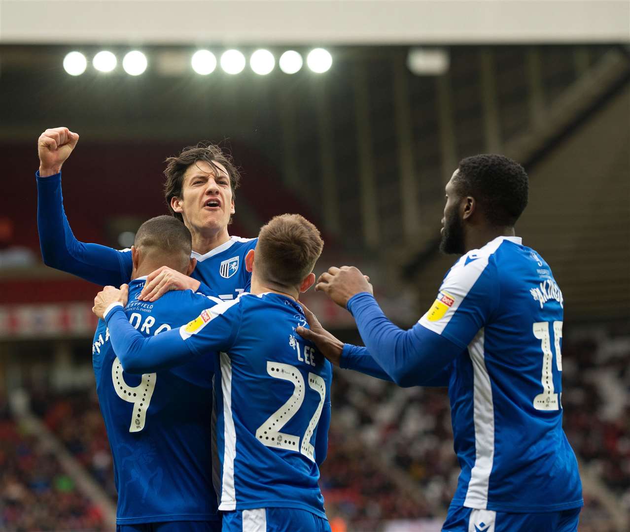 Alfie Jones and the Gills celebrate a goal against Sunderland in the last game of the season
