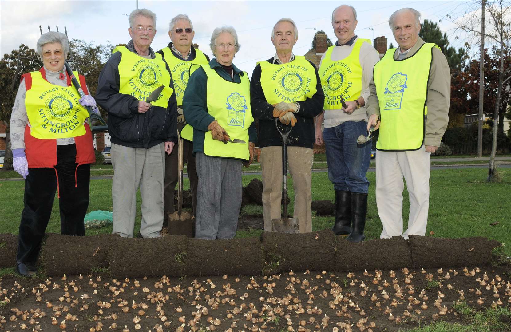Rotary club members Valerie Hildred, John Evans, Barton Dolding, Brenda Moore, John House, and Peter Blundell plant bulbs in Homewood Avenue, Sittingbourne