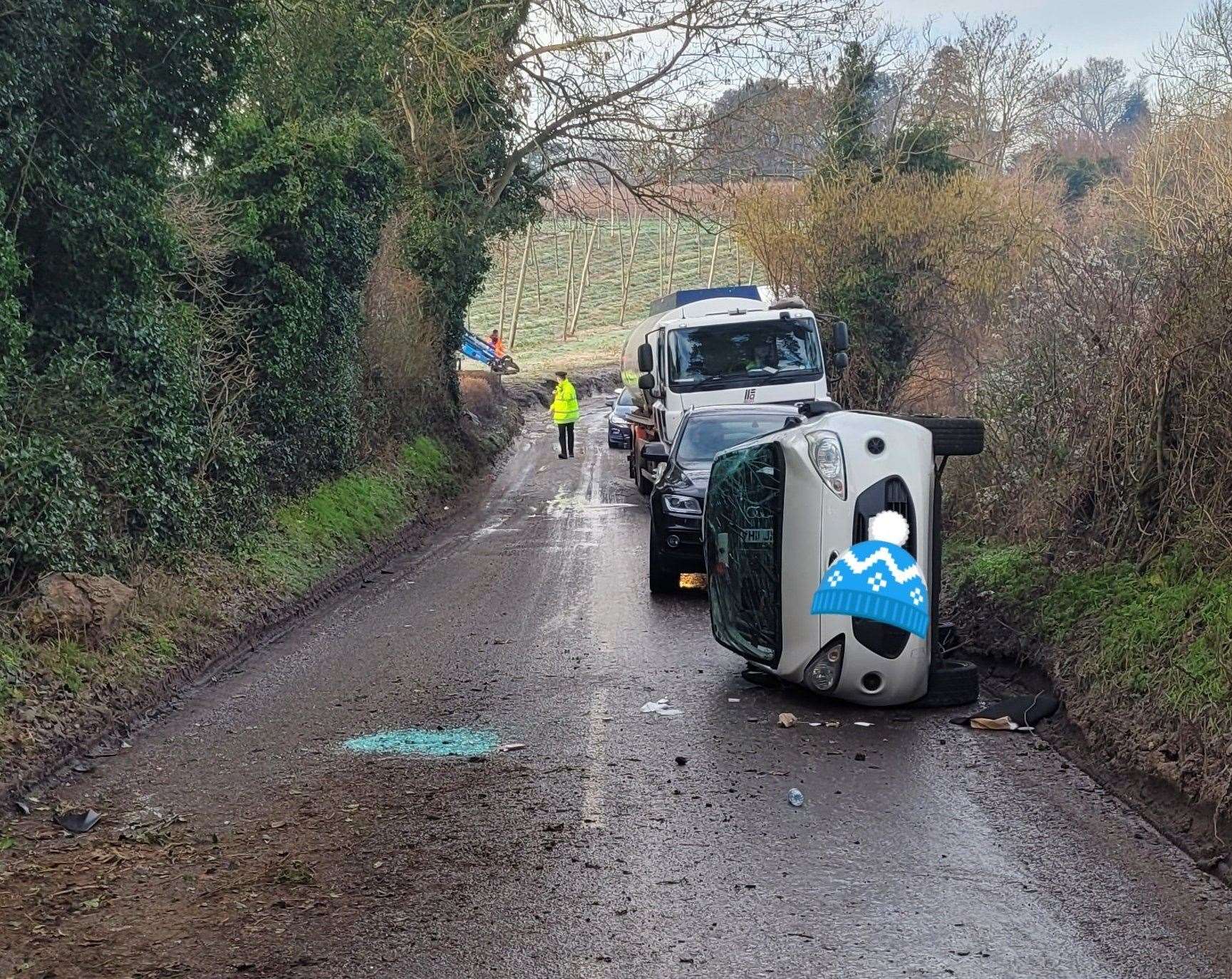 A car overturned in Selling Road in Selling, near Faversham. Picture: Kent Police