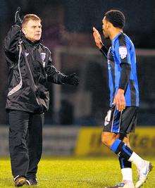 Andy Hessenthaler celebrates at the final whistle with Andy Barcham