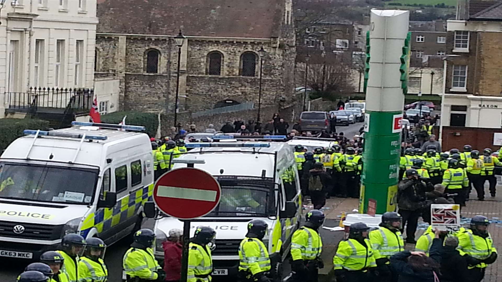 Police and protesters at Dover, January 30 last year.