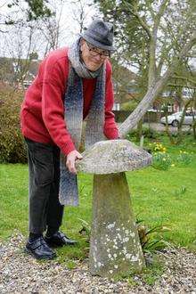 William Whelan stands with the missing stadle stones after being stolen. Salmestone Grange, Nash Road, Margate